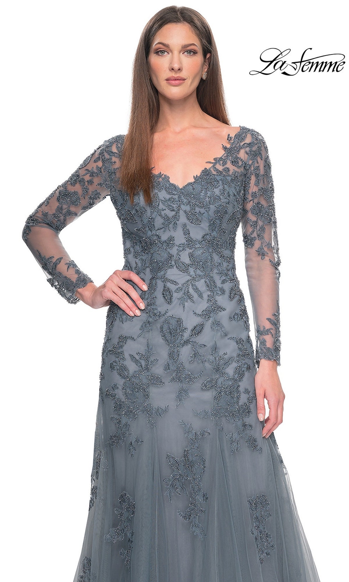 La Femme 31887 formal dress in grey, featuring a V-neckline, long sleeves, and intricate floral beadwork throughout.